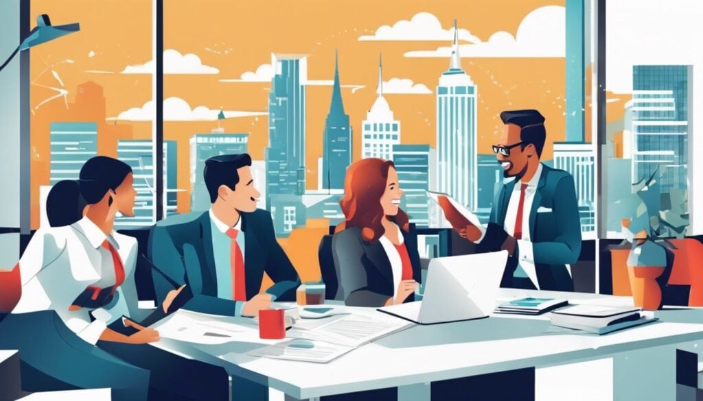 Een groep accountants deelt een luchtig moment op kantoor.