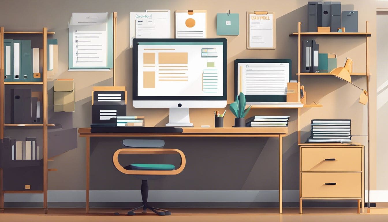 Een goed georganiseerd bureau met gelabelde mappen, nadruk op efficiëntie.