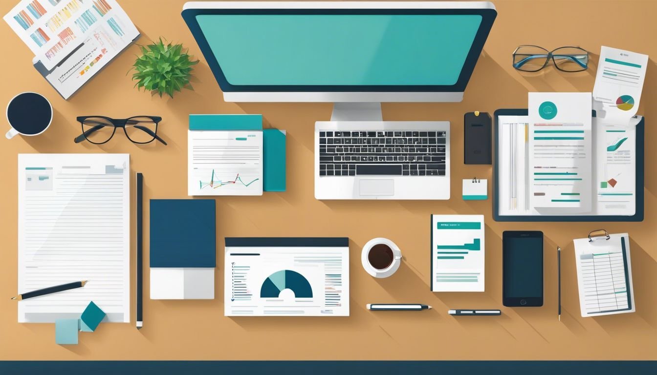 Een opgeruimde werkplek met financi&euml;le documenten en kantoorbenodigdheden.