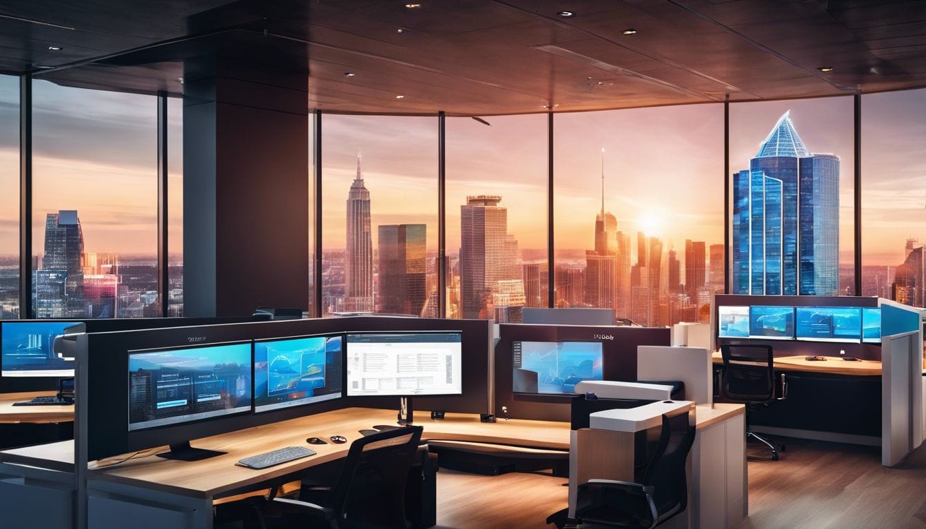 Een ge&iuml;ntegreerde financi&euml;le transactieautomatiseringssoftware in een moderne kantooromgeving.