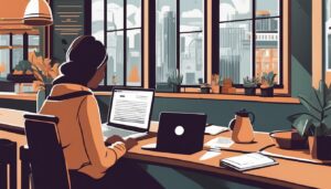 Een freelancer werkt in een gezellige koffiebar met financiële papieren.