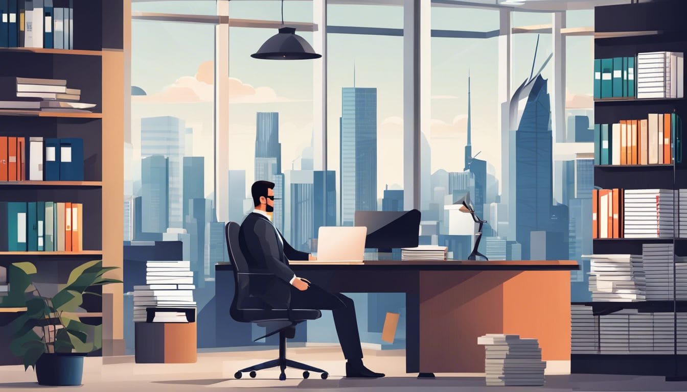 Een zelfverzekerde accountant in een moderne kantooromgeving omringd door georganiseerde bestanden en stadsfotografie.