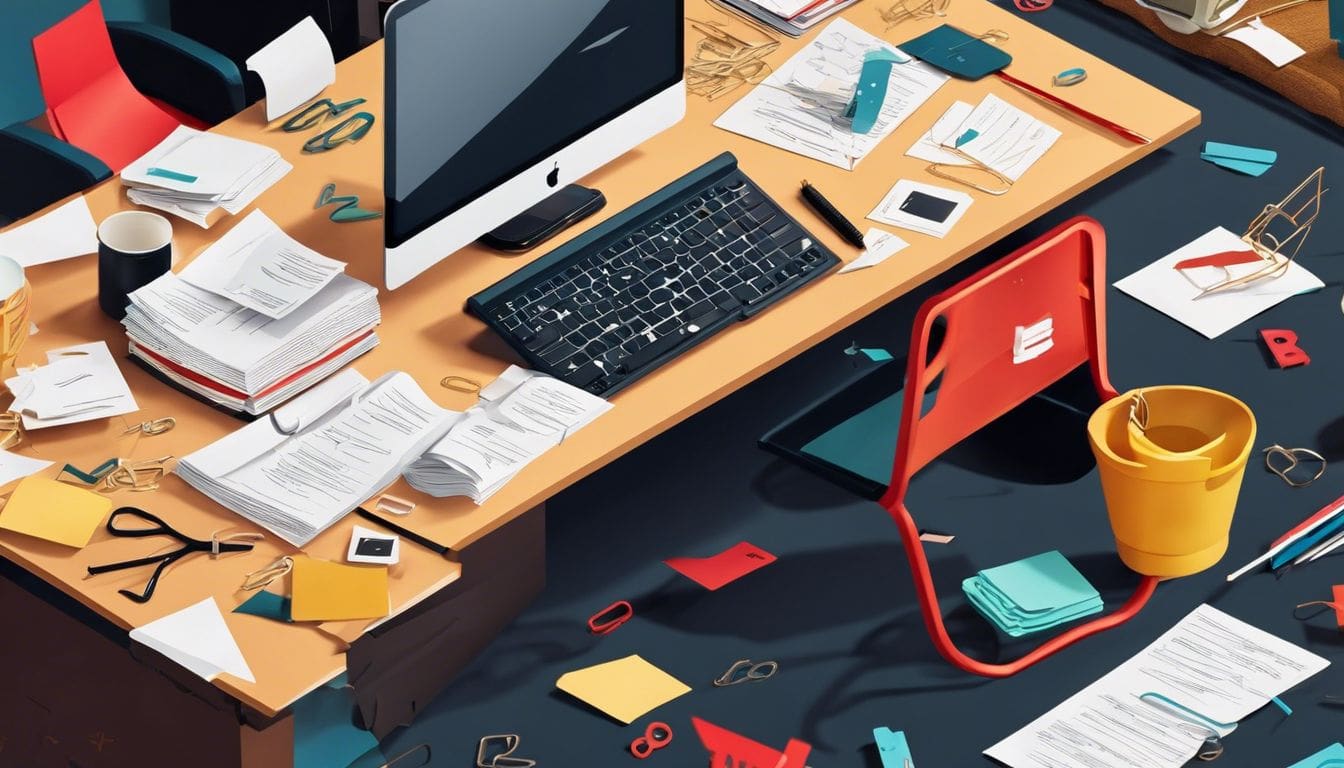 Een grappig kantoorbureau met verstrooide paperclips en een bord met de tekst ‘Paperclipdief’. Een grappig kantoorbureau met verstrooide paperclips en een bord met de tekst 'Paperclipdief'.