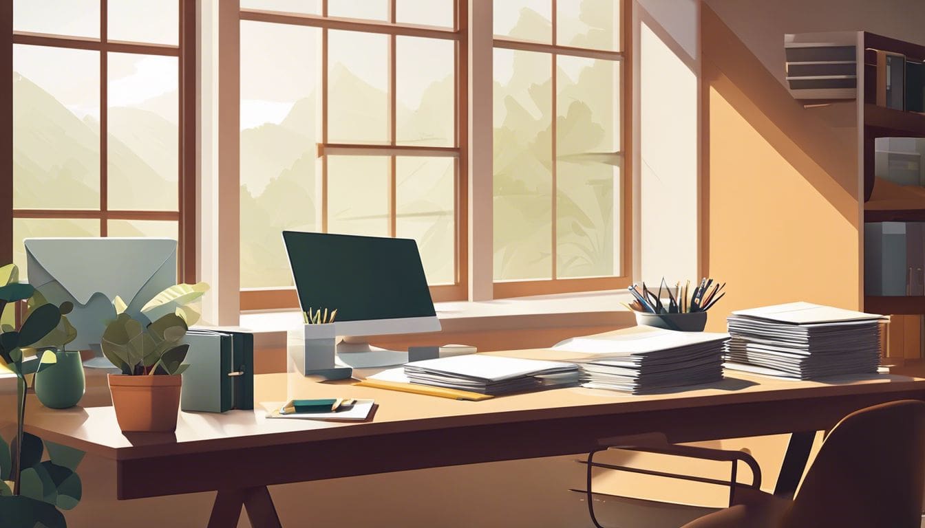 Een geordend bureau met gelabelde mappen en kantoorbenodigdheden.