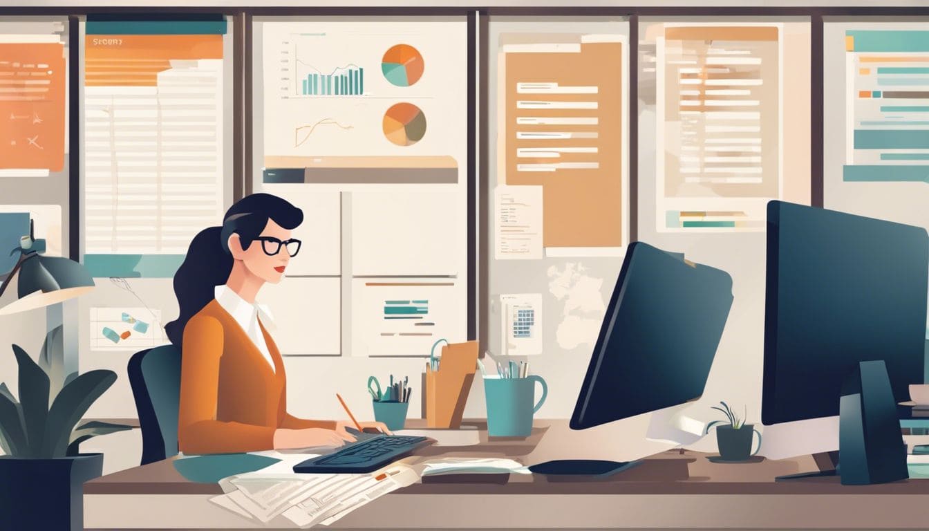 Een persoon beoordeelt en vergelijkt boekhoudsoftware op kantoor.