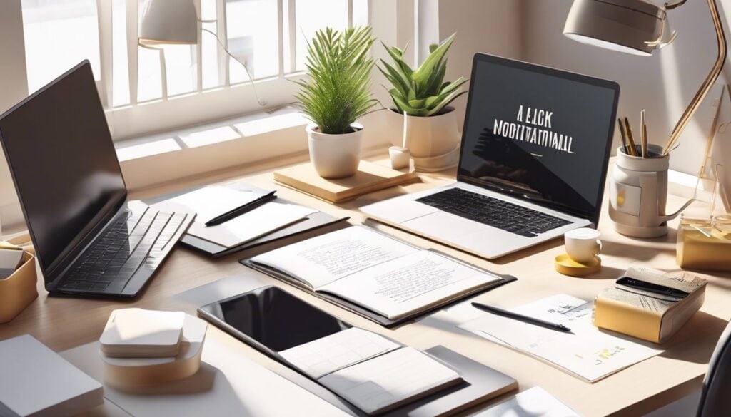 Een georganiseerd bureau omringd door motiverende citaten en kantoorbenodigdheden.