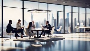 Groep mensen bespreken financiële gegevens in modern kantoor met panoramisch uitzicht.