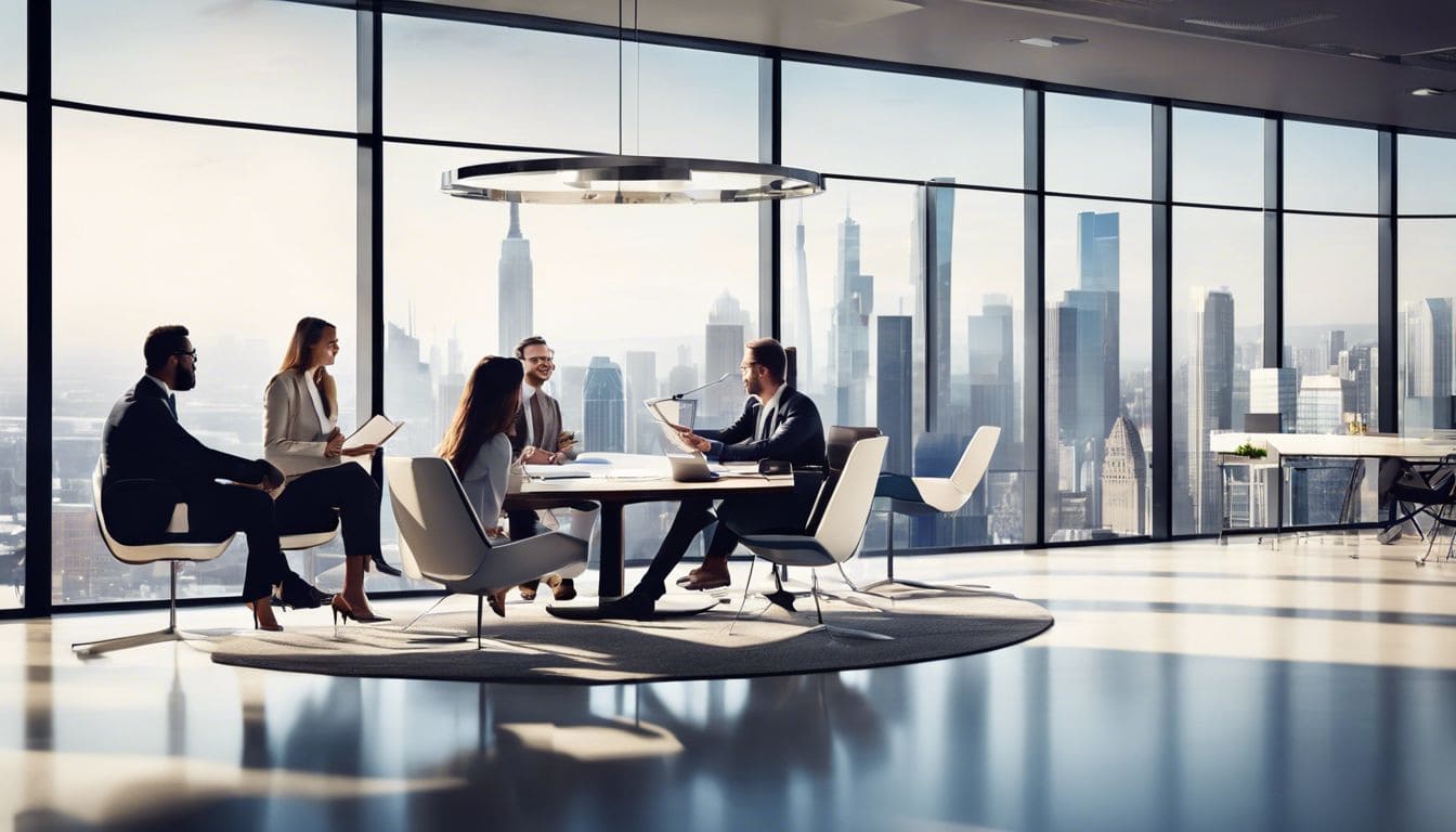 Groep mensen bespreken financiële gegevens in modern kantoor met panoramisch uitzicht.