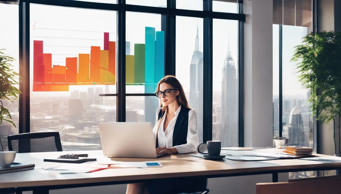 Een vrouwelijke professional werkt aan financi&euml;n in een modern kantoor.