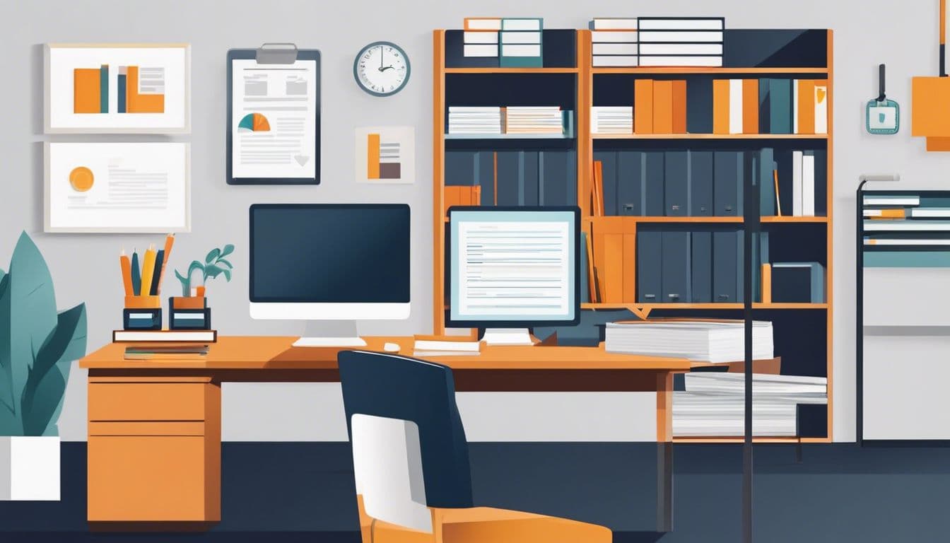 Een persoon organiseert financiële documenten in een modern kantoor. Een persoon organiseert financiële documenten in een modern kantoor.