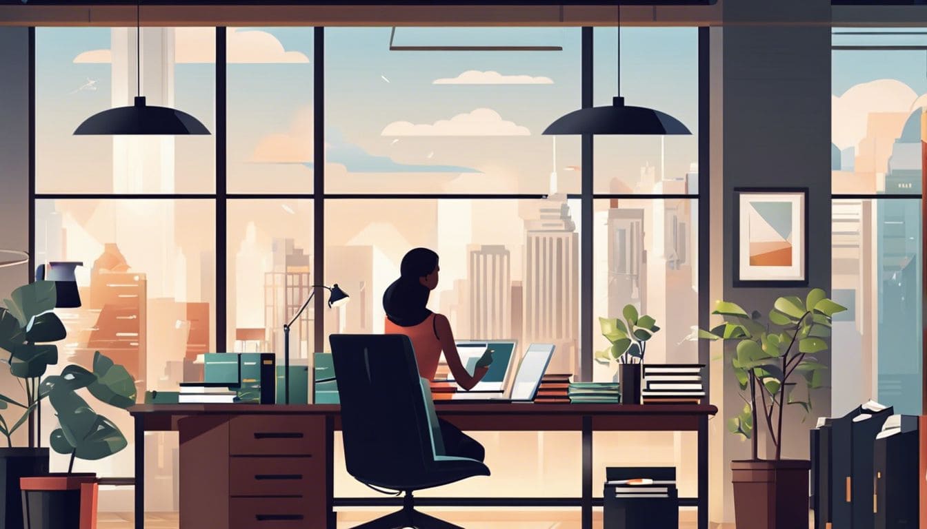 Een kleine ondernemer organiseert financiële gegevens op een opgeruimd bureau.
