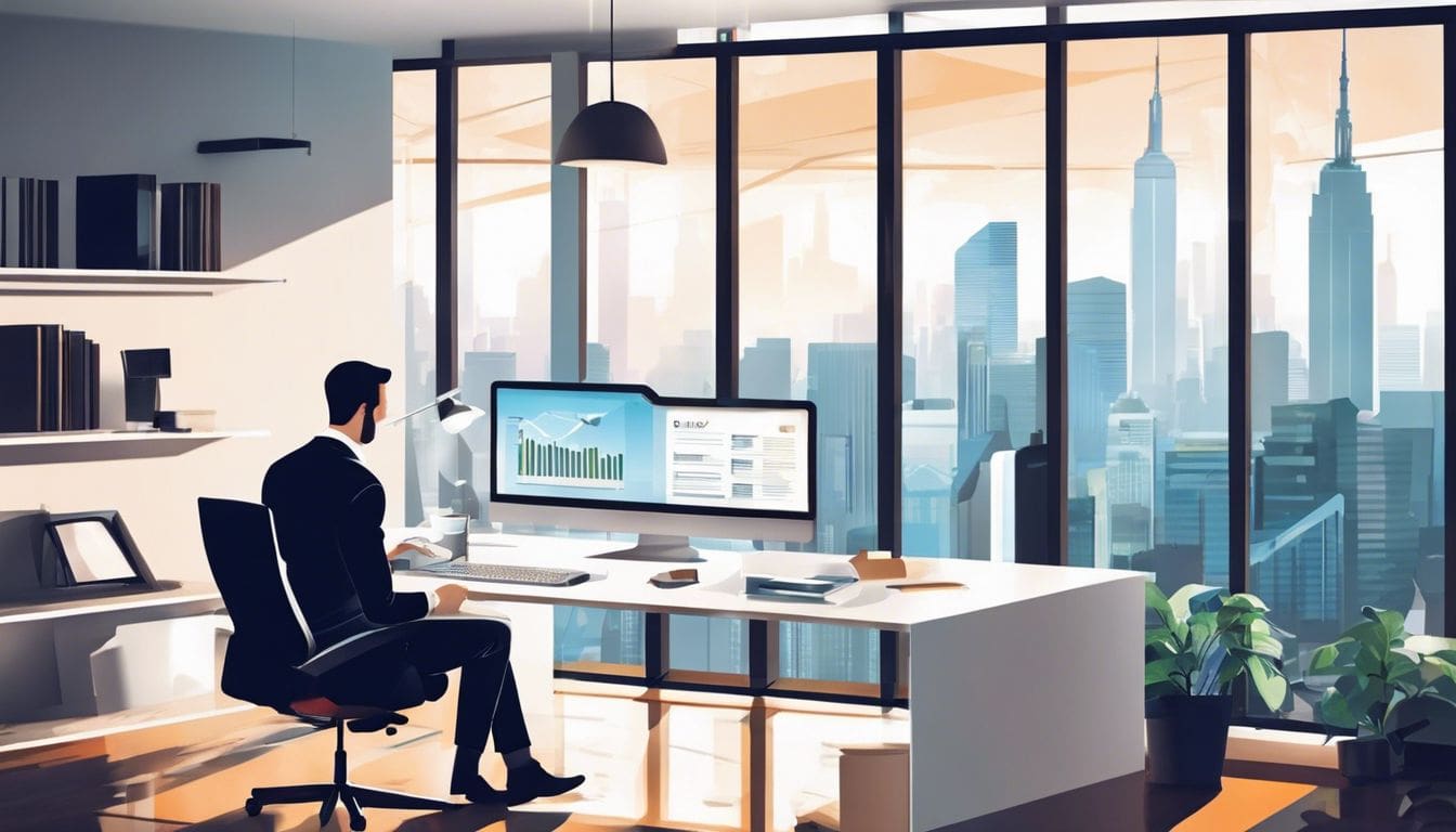 Een ondernemer bekijkt financiële documenten in een modern kantoor.