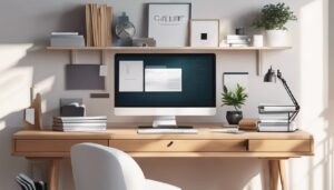 Een opgeruimde en georganiseerde thuiskantoorwerkplek met financiële documenten en een laptop.