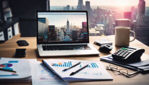 Een modern kantoorbureau met een laptop, rekenmachine en papierwerk.