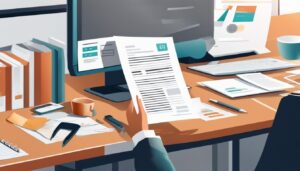 Een persoon ordent zorgvuldig bonnetjes en facturen op een opgeruimd bureau.