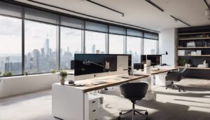 Een opgeruimde en georganiseerde accountant werkplek in een modern kantoor.