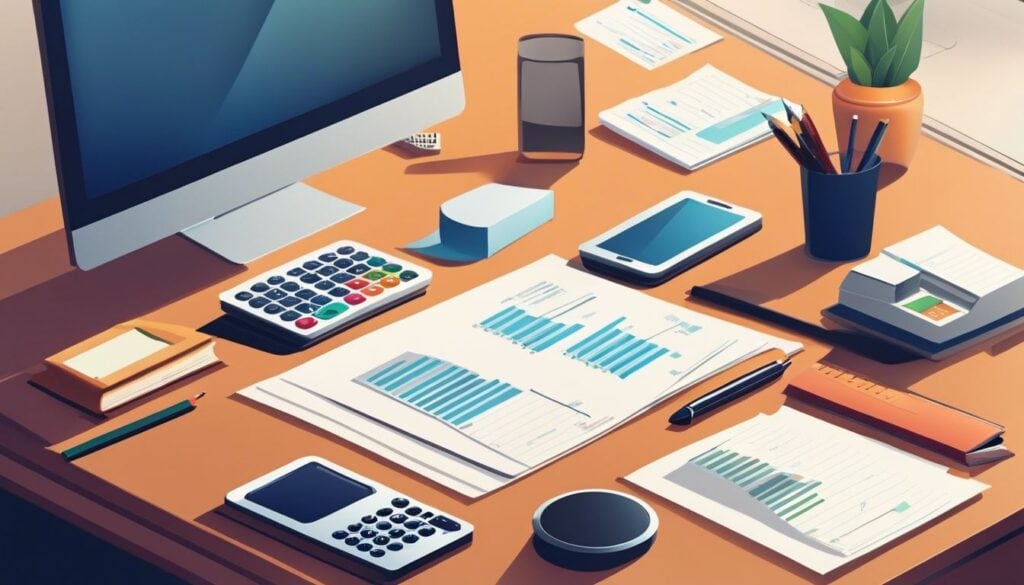 Een goed georganiseerd bureau met financiële documenten en een rekenmachine.