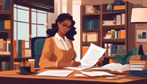 Een mantelzorger bekijkt juridische documenten in een opgericht huisbureau.