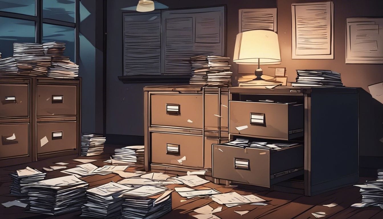 Een vergrendelde archiefkast omgeven door onbetaalde facturen en stapels papier.