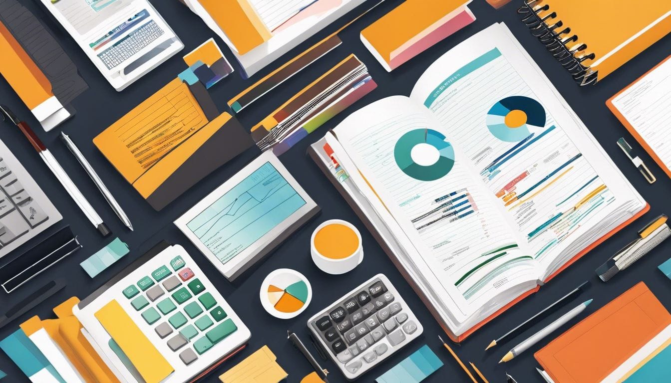 Een goed georganiseerd financieel dagboek omringd door moderne kantoorbenodigdheden.