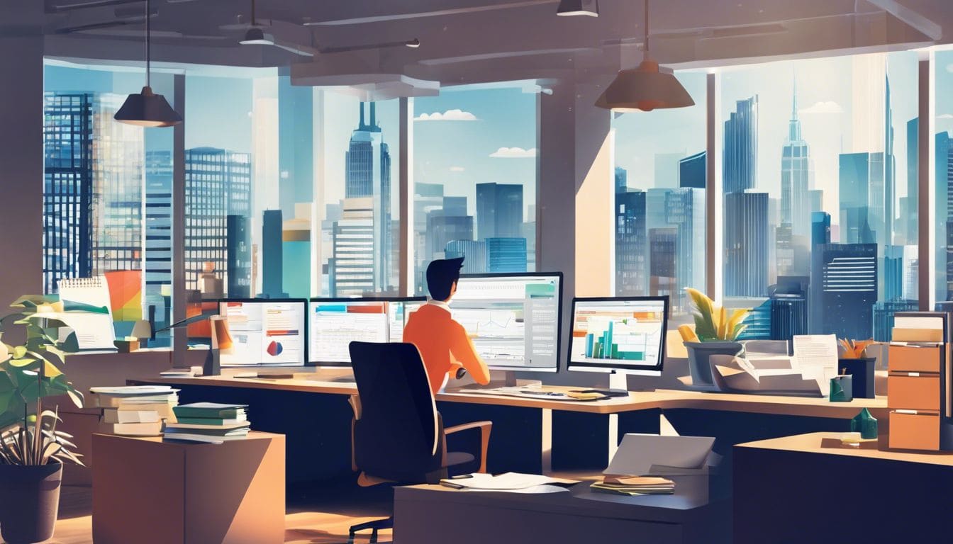 Een druk kantoor met financiële documenten, computer en stadsskyline. Een druk kantoor met financiële documenten, computer en stadsskyline.