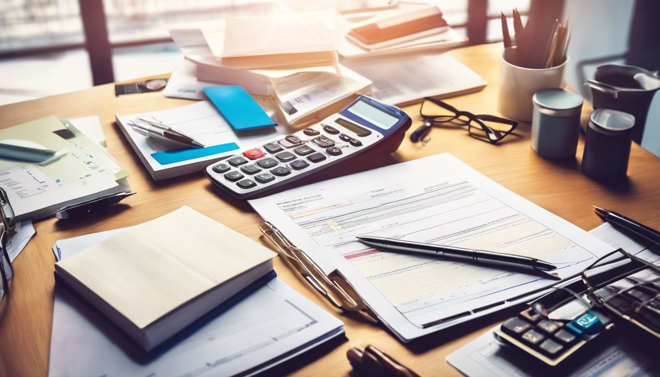 Een netjes georganiseerd bureau met financi&euml;le documenten en kantoorbenodigdheden.