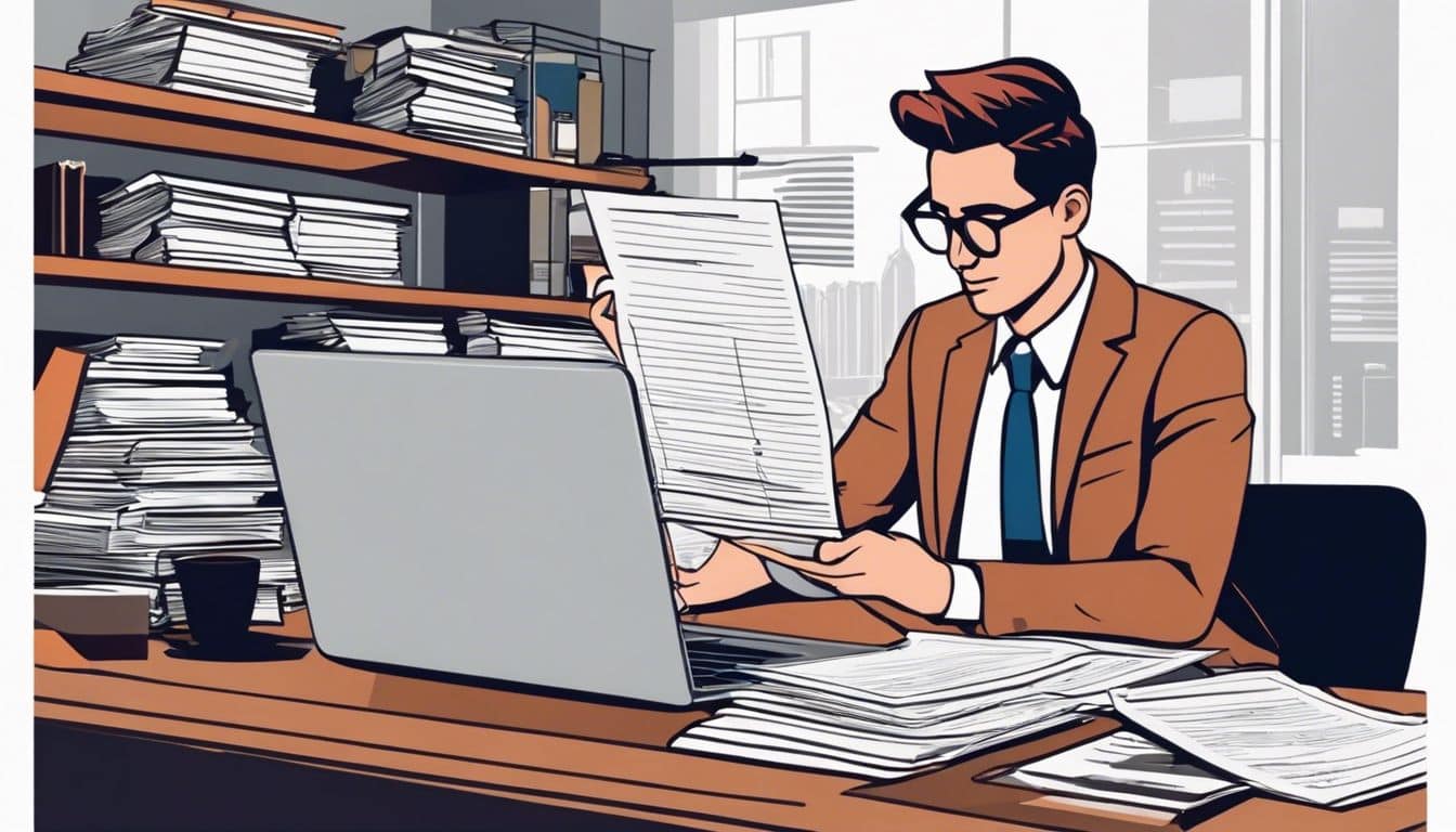 Een persoon werkt geconcentreerd omringd door financiële documenten in een kantooromgeving. Een persoon werkt geconcentreerd omringd door financiële documenten in een kantooromgeving.