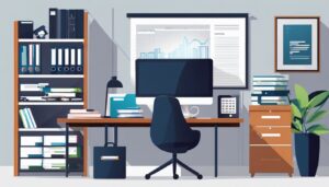 Een zakenman organiseert financiële gegevens in een moderne kantooromgeving.