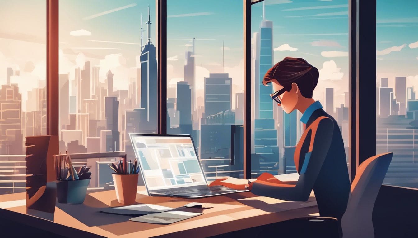 Een persoon werkt geconcentreerd op een laptop in een modern kantoor.