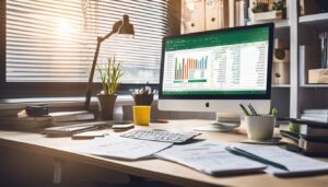 Een netjes georganiseerd Excel-spreadsheet met financiële gegevens omringd door kantoorbenodigdheden.