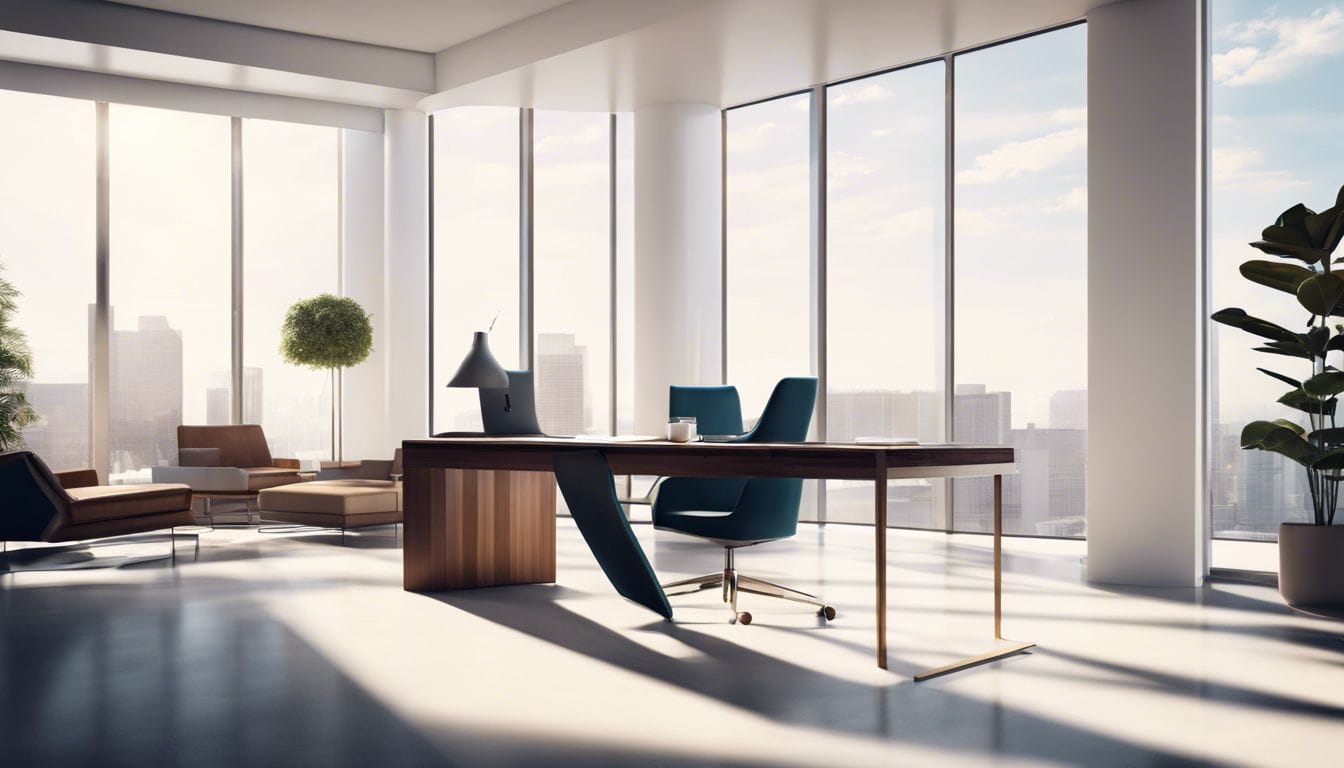 Een kleine ondernemer bekijkt financiële documenten in een modern kantoor.