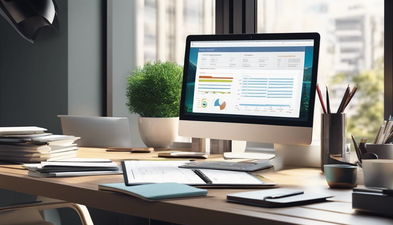 Een opgeruimd bureau met laptop en financiële documenten straalt productiviteit uit.