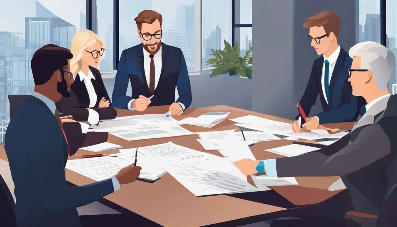 Een groep zakelijke partners bespreken en tekenen een partnerschapsovereenkomst in een modern kantoor.