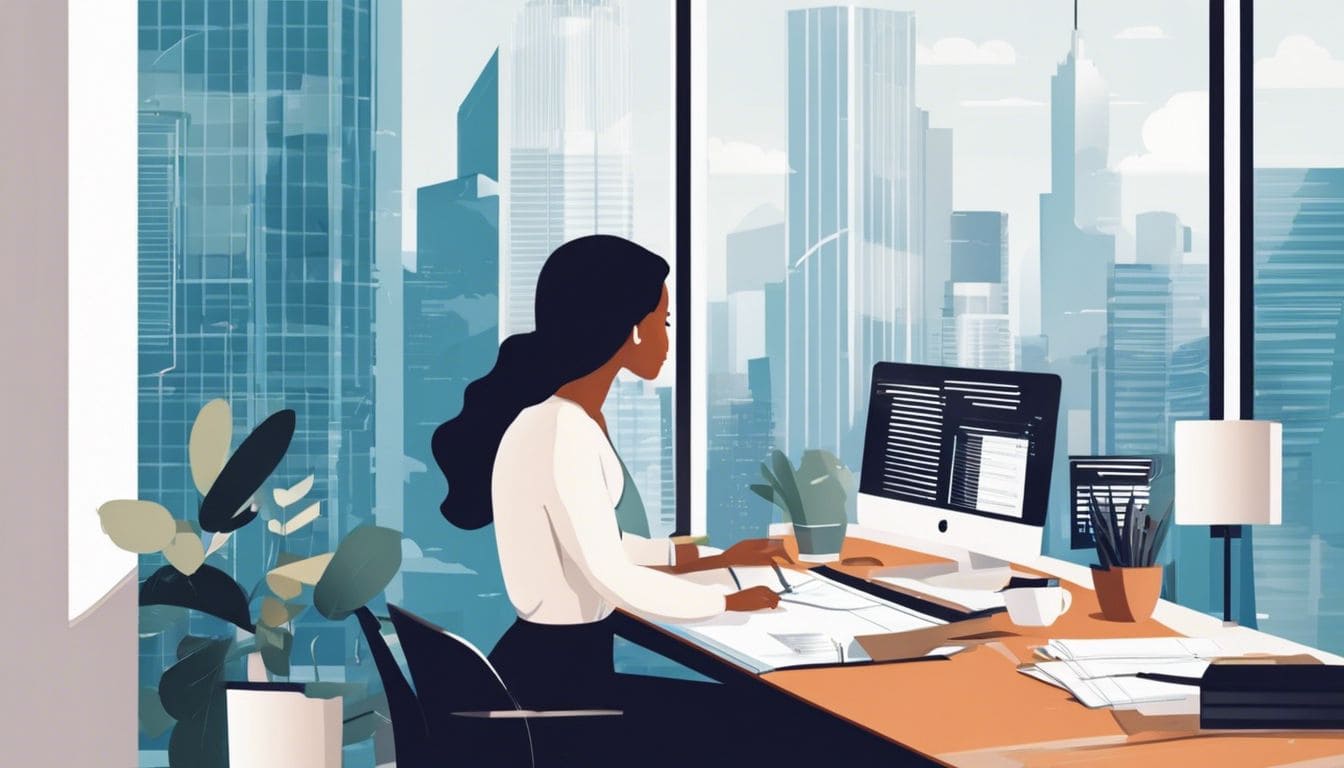 Een vastberaden zakenvrouw werkt aan spreadsheets in een moderne kantooromgeving.