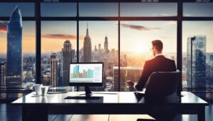 Een zakenman bekijkt financiële rapporten op een laptop in een modern kantoor.