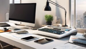 Een modern kantoorbureau met computer en financiële rapporten.