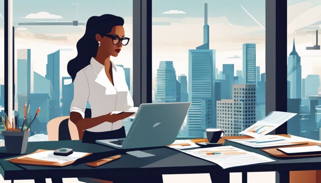 Een zelfstandige vrouw bekijkt financiële rapporten in modern kantoor.