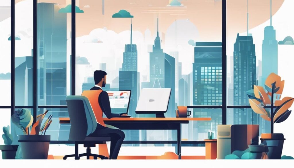 Persoon gebruikt boekhoudsoftware op laptop in modern kantoor.