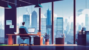 Een freelance accountant evalueert boekhoudsoftware in een modern kantoor met stadsgezicht.