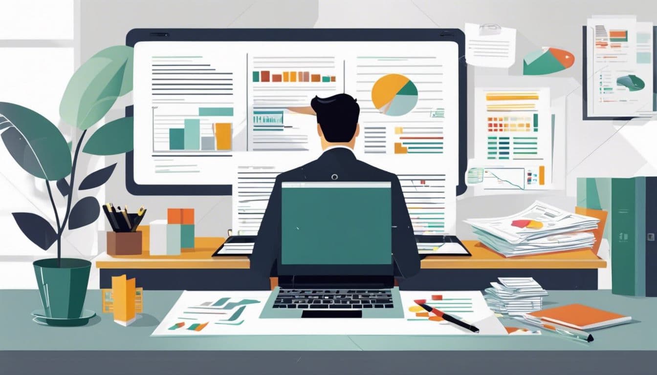 Een persoon werkt op een laptop omringd door financi&euml;le documenten in een moderne kantooromgeving.