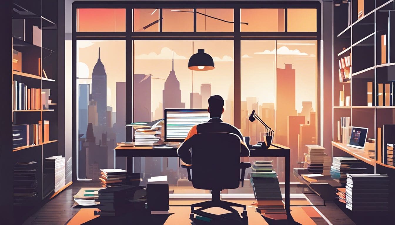 Een ondernemer organiseert financiële documenten in een gezellig thuiskantoor met uitzicht op de stad.