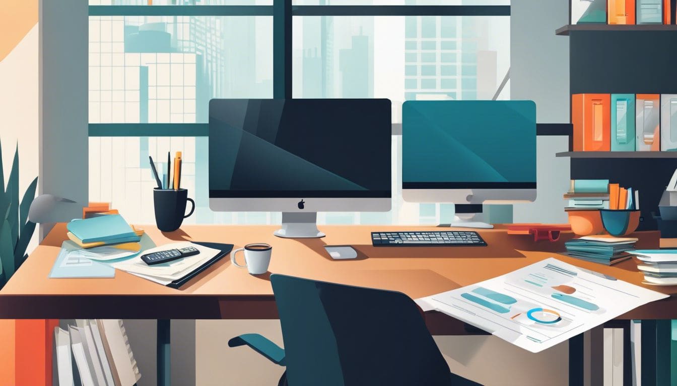 Een modern en georganiseerd kantoor met een computer en administratieve documenten.