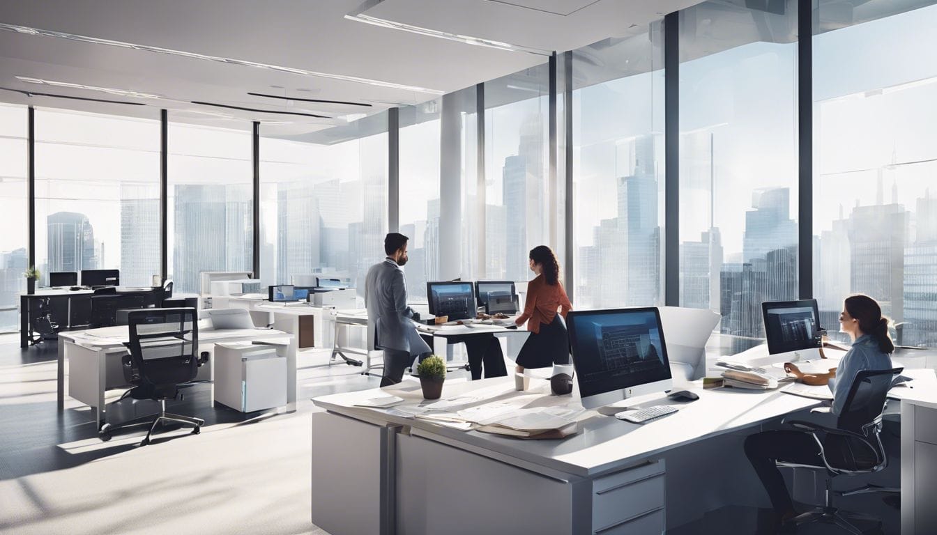 Moderne kantooromgeving met belastingcentrum en personeel in actie. Moderne kantooromgeving met belastingcentrum en personeel in actie.