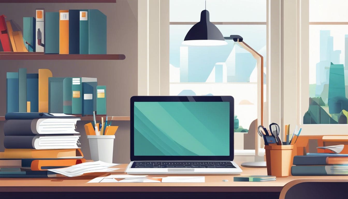 Een persoon die financi&euml;le documenten organiseert op een opgeruimd bureau.