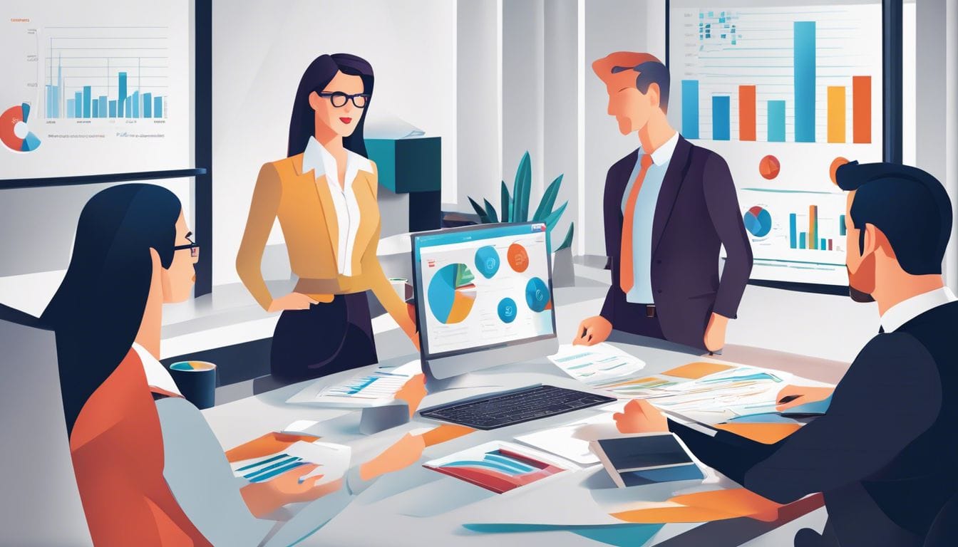 Een professionele accountant adviseert een diverse groep ondernemers in een modern kantoor. Een professionele accountant adviseert een diverse groep ondernemers in een modern kantoor.