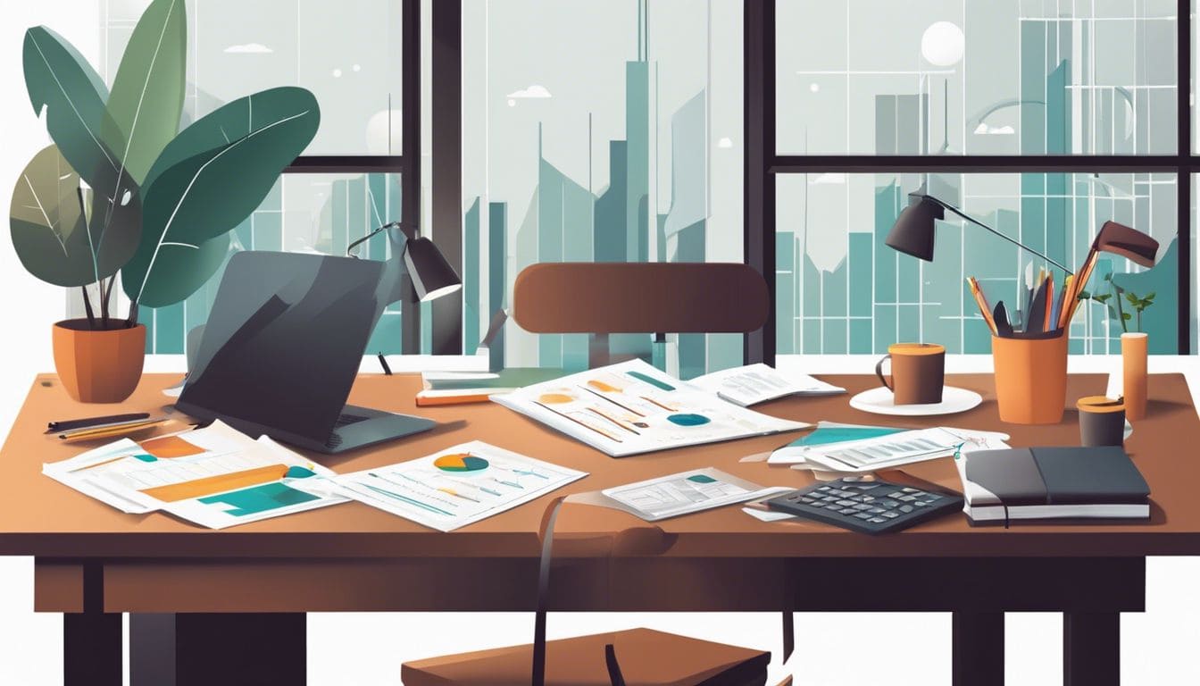 Een persoon organiseert maandelijkse financiële grafieken en tabellen op een druk bureau. Een persoon organiseert maandelijkse financiële grafieken en tabellen op een druk bureau.