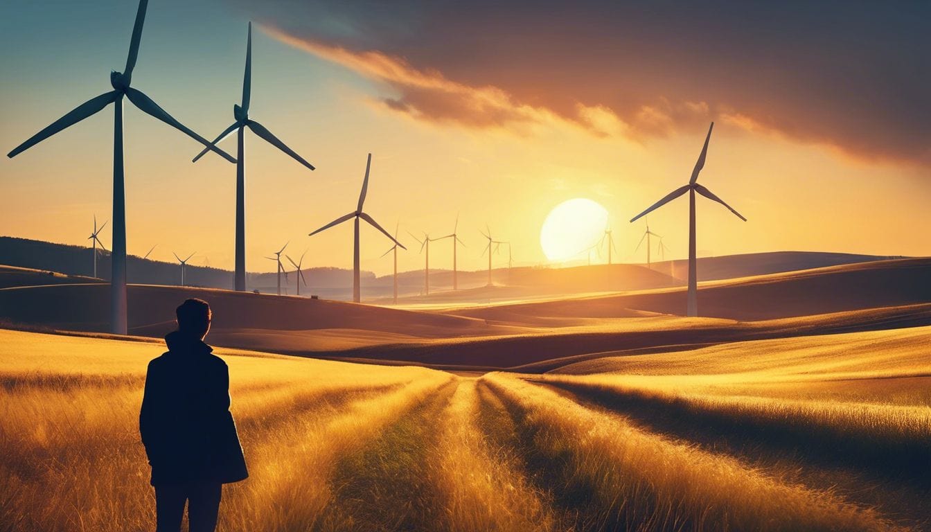 Een persoon staat in een zonnig veld omringd door windturbines.
