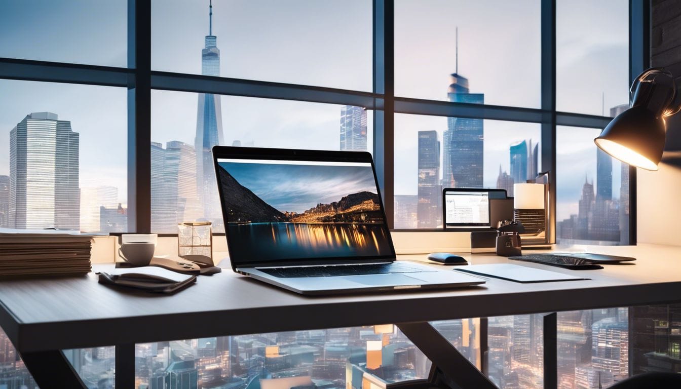 Een nette en georganiseerde werkplek met financiële documenten en een laptop. Een nette en georganiseerde werkplek met financiële documenten en een laptop.