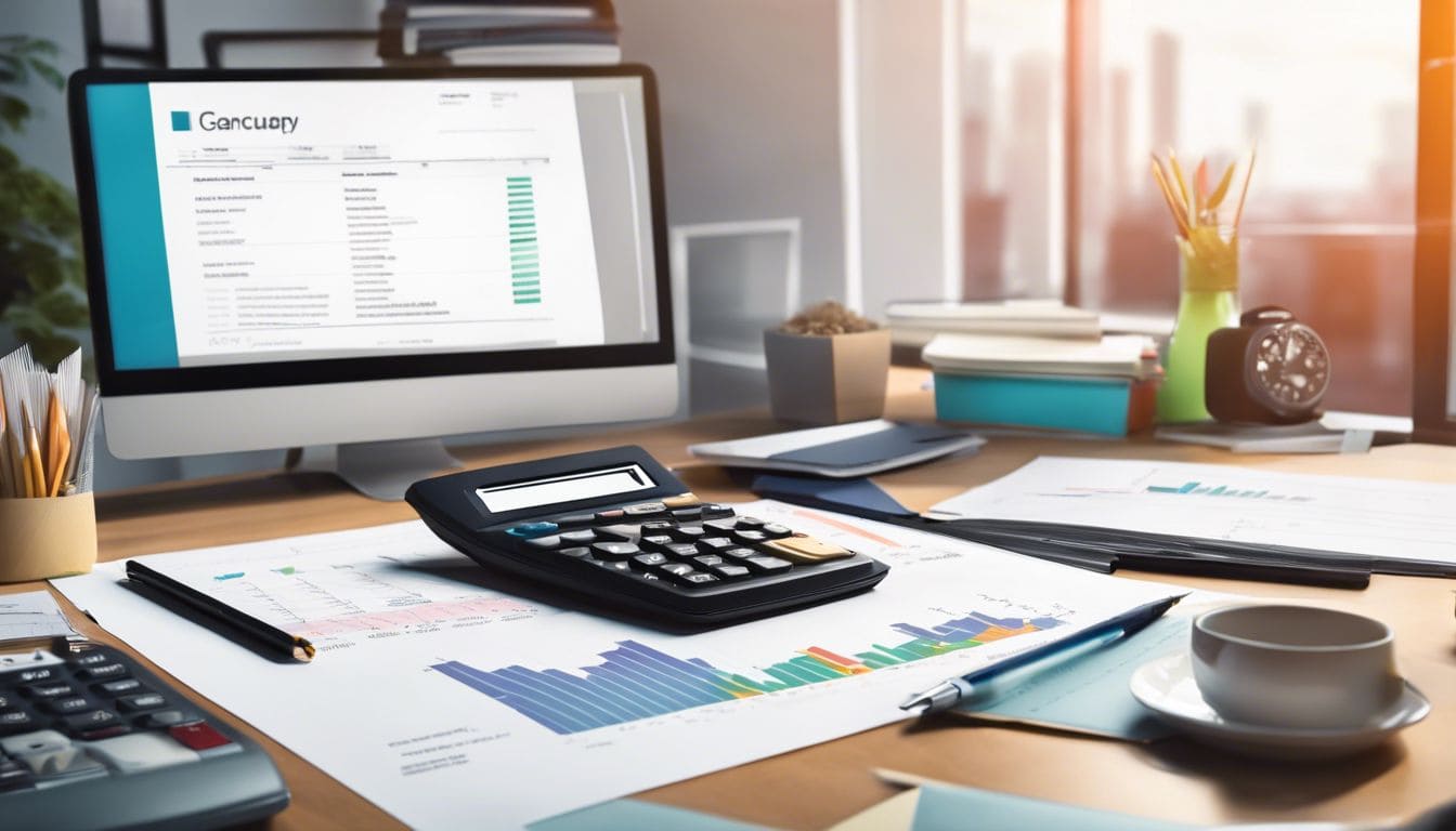 Een opgeruimd en georganiseerd bureau met financi&euml;le documenten en een rekenmachine.