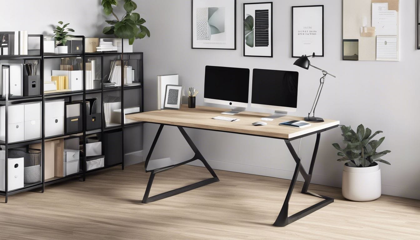 Een opgeruimd bureau in een moderne kantooromgeving met gestroomlijnde en minimalistische ontwerpen. Een opgeruimd bureau in een moderne kantooromgeving met gestroomlijnde en minimalistische ontwerpen.